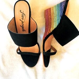 Free People Black Multicolor Wedge Mules “Glorieta” NWT